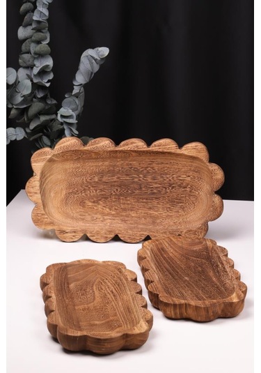 Bambum 3 Parça Pavlonya Noir Dalgalı Kenar Ahşap Sunum Seti Yuvarlak Ve Dikdörtgen Ayaklı Servis Tabaklar Ahşap