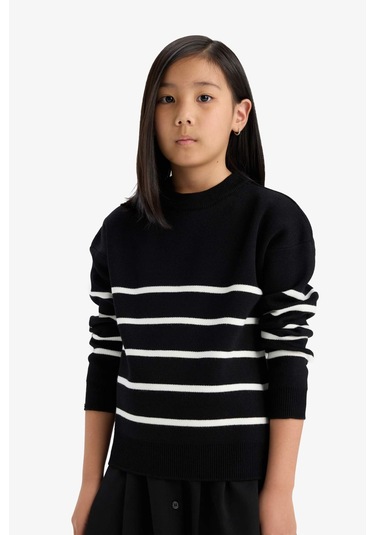 Defacto Kız Çocuk Bisiklet Yaka Çizgili Triko Kazak Z0194a625aubk27 Siyah