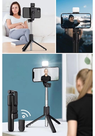 Kendiliğinden Led Işıklı Kumandalı Uzayabilen Selfie Çubuğu,masa Üstü Tripod Çok Renkli