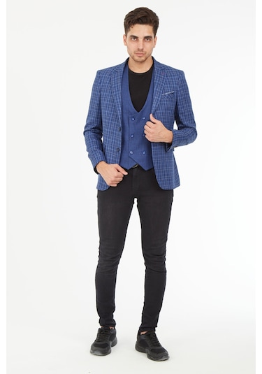 Sposo 5140 Yelekli Dar Kalıp Açık Laci Ekose Erkek Blazer Ceket Açık Lacivert