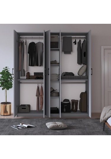 %100 Mdflam 5 Kapaklı 150cm Gardrop G-09 Kül Gri