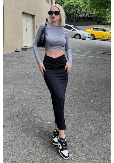 Madmext Siyah Önden Büzgülü Midi Etek Mg2084 Siyah