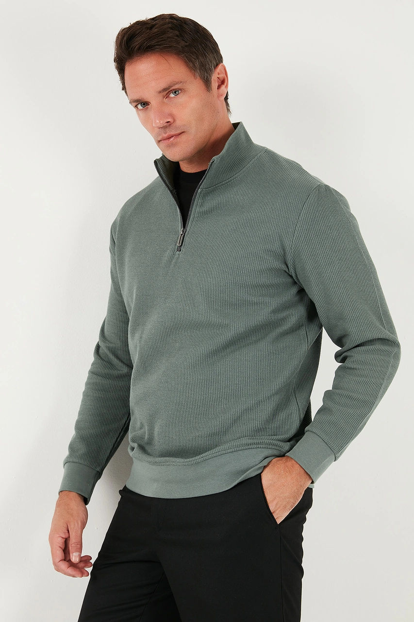 Buratti Pamuklu Regular Fit Yarım Fermuarlı Dik Yaka Erkek Sweat 5905716 Haki