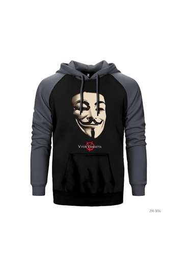 V For Vendetta Maske Gri Reglan Kol Kapşonlu Sweatshirt Gri