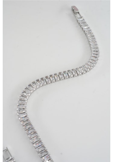 Kadın 316 L Çelik Vip Seri Antialerjik Baget Zirkon Taşlı Su Yolu Bileklik Ölçüleri 17cm + 3 Cm Uzatma 6 Mm Taş Boyutu-5212 Gümüş