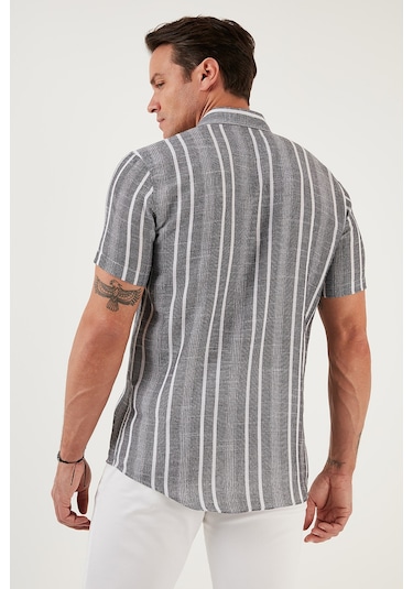 Buratti Çizgili Pamuklu Slim Fit Kısa Kollu Erkek Gömlek Cf23S116097 Siyah