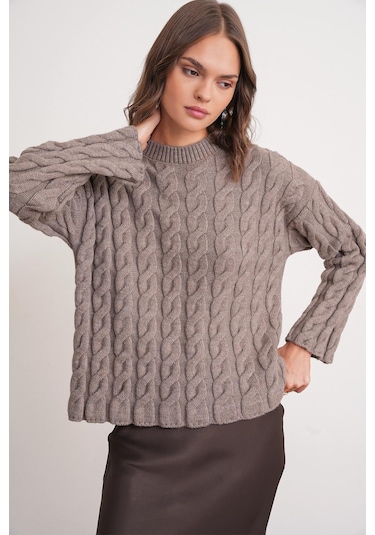 6973 Kadın Saç Örgülü Regular Basic Triko Kazak Toprak Toprak
