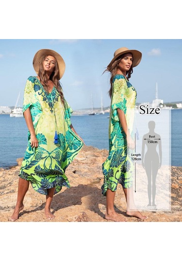 Yeşil Bohem Kaftan Plaj Tunik Pamuk Plaj Cover Up Saida De Praia Mayo Kadın Bikini Cover Up Yeşil