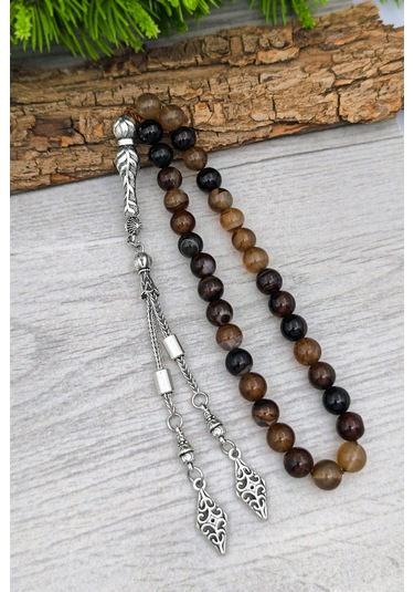 Erkek Doğal Taş Tesbih Ve Bileklik Set Kahverengi Akik 8 Mm Bt055 Kahverengi - Beyaz