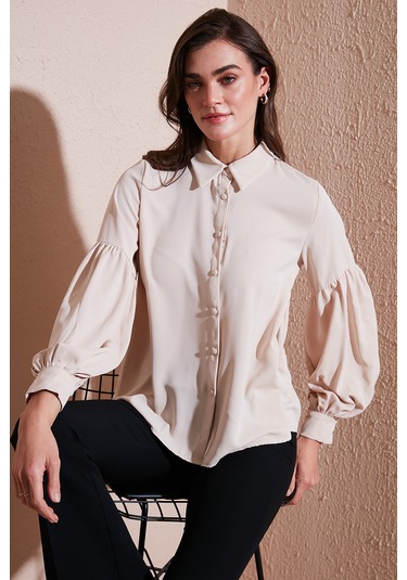 Lela Regular Fit Dikiş Detaylı Düz Yaka Balon Kol Bayan Gömlek 611Go00003 Taş