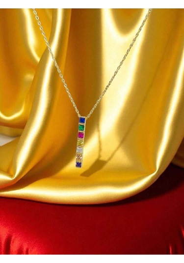 Renkli Taşlı Bar Model 925 Ayar Gümüş Kolye Modern Ve Canlı Tasarım Gümüş