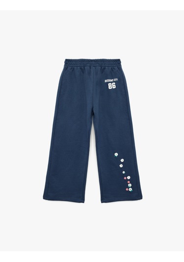 Koton Şardonlu Çiçek Baskılı Pamuklu Geniş Paça Eşofman Altı Lacivert 6wmg40071ak Lacivert