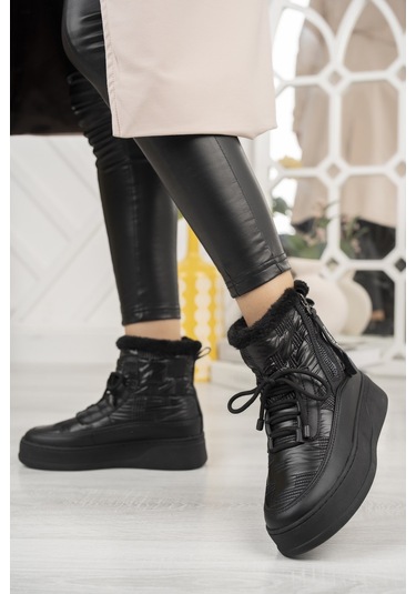 Khayt Violetta Su Geçirmez Kürklü Fermuarlı Kadın Kar Bott Siyah