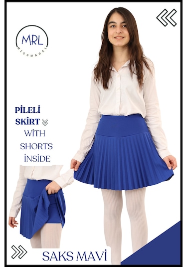 Kız Çocuk Mavi Pileli Etek Yüksek Bel Içi Şortlu Dalgıç Kumaş Okul-oyun-spor- Etkinlik 4103 Mavi