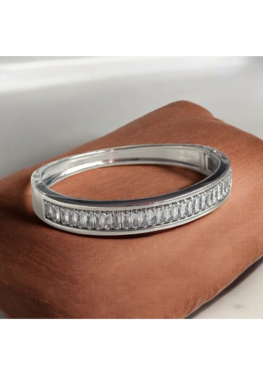 Kırmızı Sanat Evi İri Sıralı Taşlı Şık Gümüş Renk Çelik Kadın Kelepçe