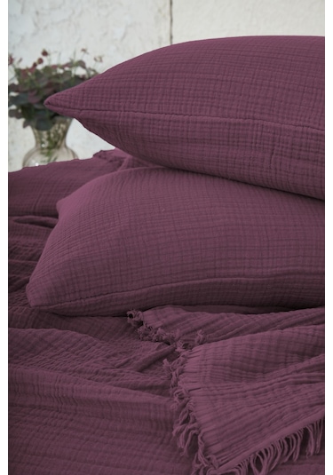 %100 Pamuk Müslin Yatak Örtüsü Tek Kişilik 4 Katlı Battaniye 2 Parça Müslin Pike Seti Mor Mor