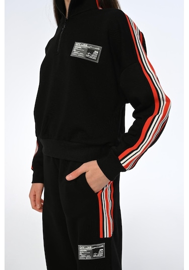 Kız Çocuk Yarım Fermuarlı Kolları Şeritli Dik Yaka Sweatshirt-13399-siyah Siyah