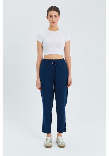 4566 Kadın Lastikli Bel Keten Pantolon Lacivert Lacivert