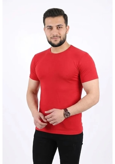 Defymoda Erkek Basic Tişört Bisiklet Yaka Kısa Kol Günlük Yazlık Slim Fit T-shirt - Kırmızı
