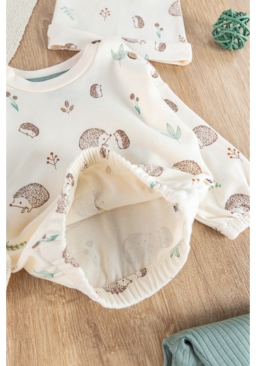 Figürlü 3'lü Şapkalı Unisex Bebek Takımı Su Yeşili