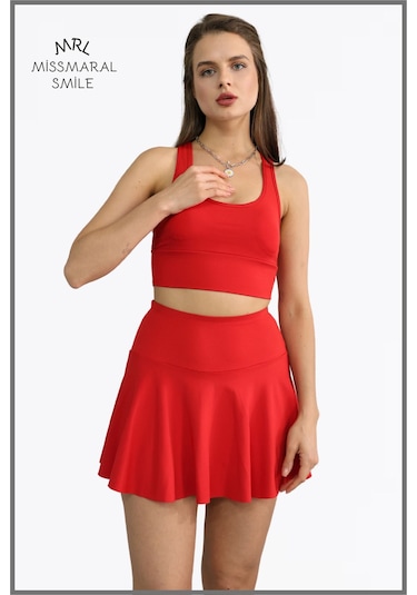 Kırmızı Etek Içi Sabit Şortlu Lycralı Yüksek Bel Skirt With Shorts Casual Beachwear Tennis 1101 Kırmızı