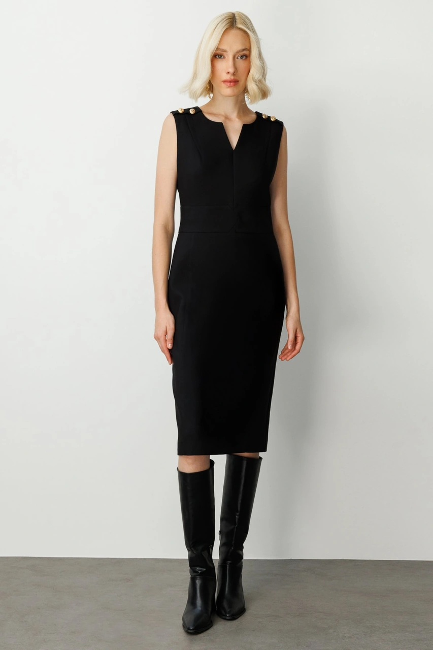 Ekol Kadın Süs Düğme Detaylı Kolsuz Elbise 4015 Siyah Siyah