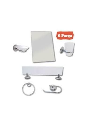 6 Parça Aynalı Banyo Aksesuar Seti Beyaz - Gri