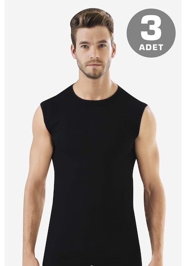 3'lü Paket Siyah Kolsuz Erkek Atlet Yuvarlak Yaka Sıfır Kol Tişört %100 Pamuklu Siyah