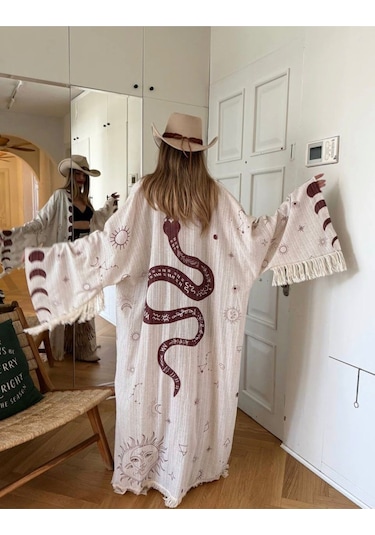 Dıe&more Trend Minimal Desenli Oversize Kimono Bej