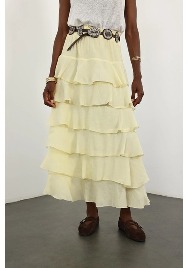 Sarı Beli Lastikli Volanlı Maxi Etek 4097 Sarı