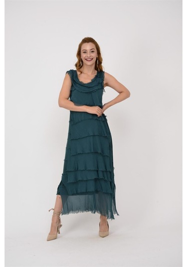 Italyan 2 Beden İnce Gösteren Kat Kat Kolsuz Ipek Elbise Zümrüt Yeşili