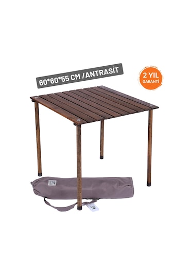 Bag The Joy 60 x 60 x 55 CM Ahşap Katlanır Kamp Masası - Antrasit Kahverengi