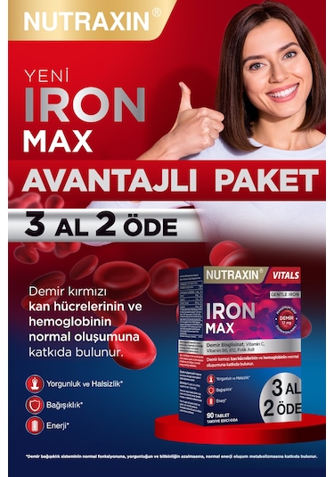 Nutraxin Iron Max 17 Mg 90 Tablet Avantajlı Paket - Gentle Iron, Vitamin C, B12, B6, 3 Aylık Kullanım
