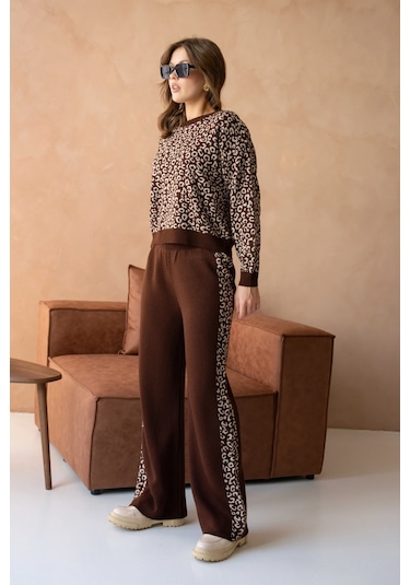 Kadın Geniş Yaka Desenli Kazak Pantolon İkili Triko Takım Kahve