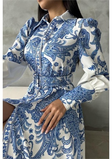 Dipmoda Kadın Kemerli Uzun Desenli Gömlek Elbise Dpms4220 Mavi