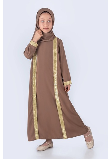 Eşarplı Ferace Medine İpek Kumaş Kız Çocuk Kahverengi