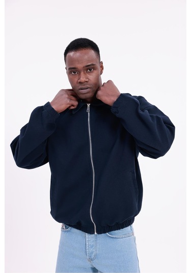 Freemen Erkek Basic Gabardin Kumaş Fermuarlı Oversize Mevsimlik Polo Yaka Ceket Lacivert