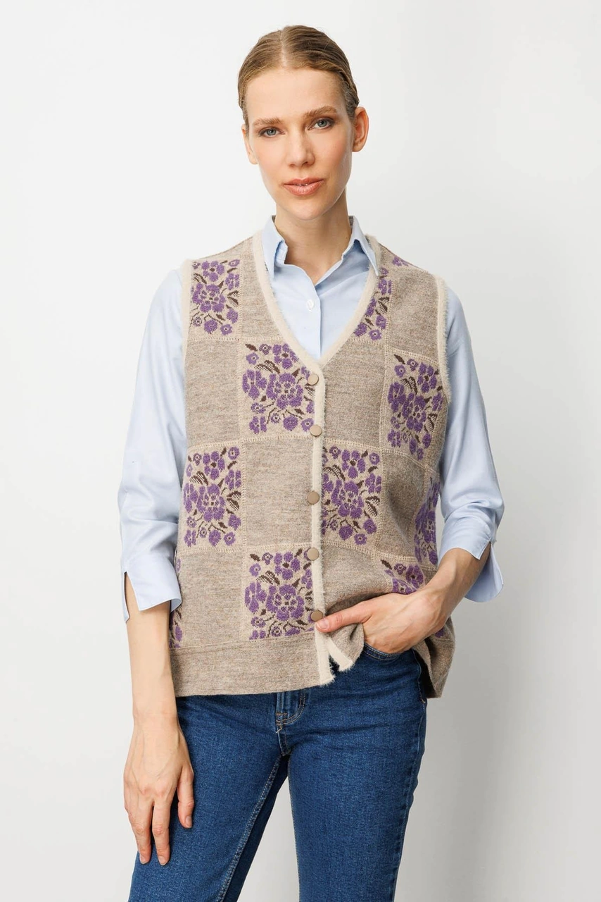 Desen Triko Kadın Pıtırcık Çiçekli Patchwork Keçe Yün Yelek Bej Mor Bej Mor