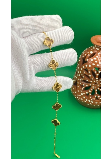 Gold Renk Yonca Desenli Çelik 316l Bileklik Kahverengi