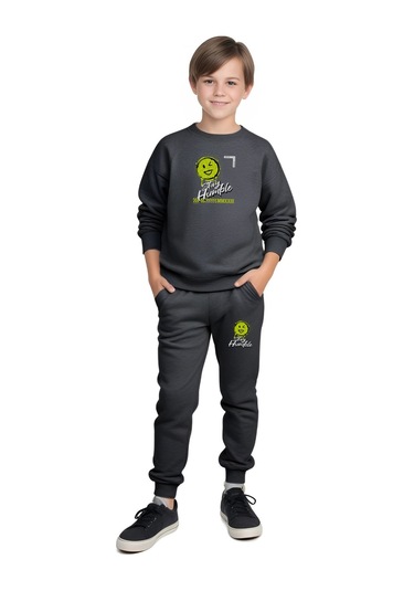 Yuvarlak Yaka Emoji Baskılı Erkek Çocuk Eşofman Takımı Füme