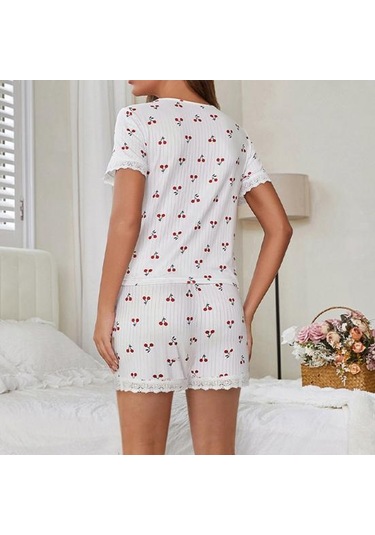 2 Adet/set Pijama Takımı Dantel Eklemeli V Yaka Kısa Kollu Üst Kiraz Baskılı Konfor Ev Giyim Kıyafeti Günlük Üst Şort Pijama Takımı Beyaz