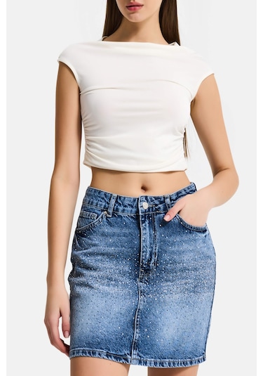 Itsbasic Kadın Mavi T2-4s6-4 Straight Fit Parlak Taşlı Özel Tasarım Mini Denim Etek