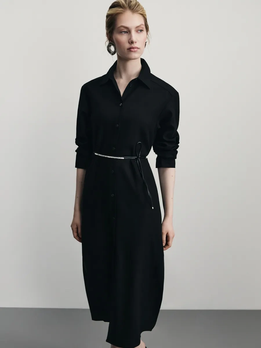 Zarına Günlük Temel Keten Gömlek Elbisesi 371892379 Siyah