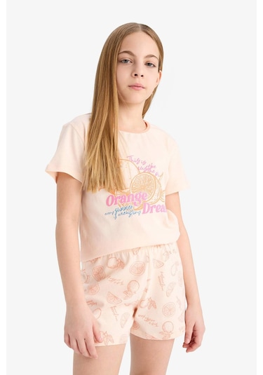 DeFacto Kız Çocuk Pijama Takımı Baskılı Kısa Kollu Üst Desenli Şort E6234A825SMOG96 Turuncu
