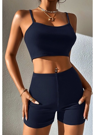 Kadın Lacivert Şortlu Kaşkorse Gecelik Takım Çok Renkli