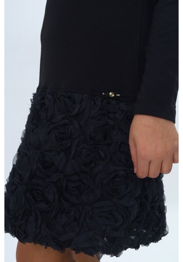 Toontoy Kız Çocuk Yaka Fırfır Etek 3d Güllü Elbise Siyah