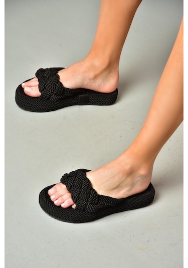 Fox Shoes S596022704 Siyah Halat İpli Hasır Terlik Siyah