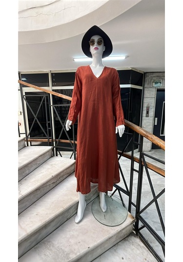İtalyan V Yaka Uzun Kol Keten Elbise-8907 Tarçın