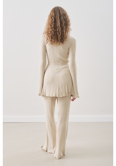 Volanlı Lastik Örgü Tunik Bej Bej