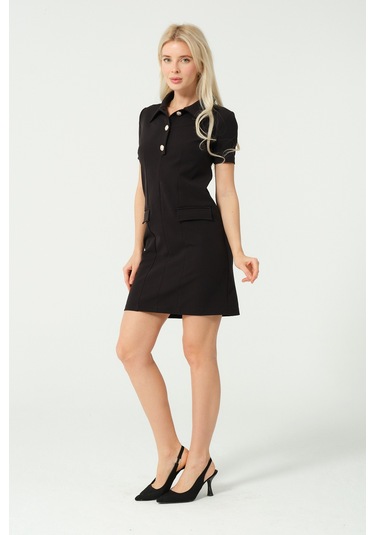 Polo Yaka Mini Elbise Siyah